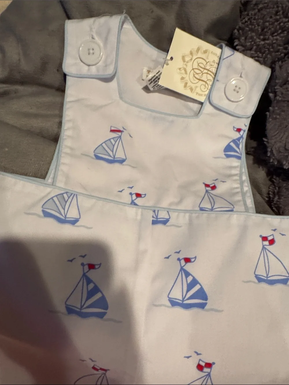 The Beaufort Bonnet Company White Baby One-Piece with Blue & Red Sailboat Print